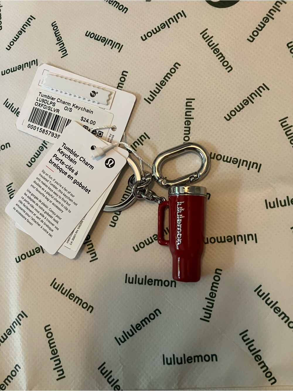 NWT Lululemon Tumbler Charm Keychain in Oxford Red/Silver